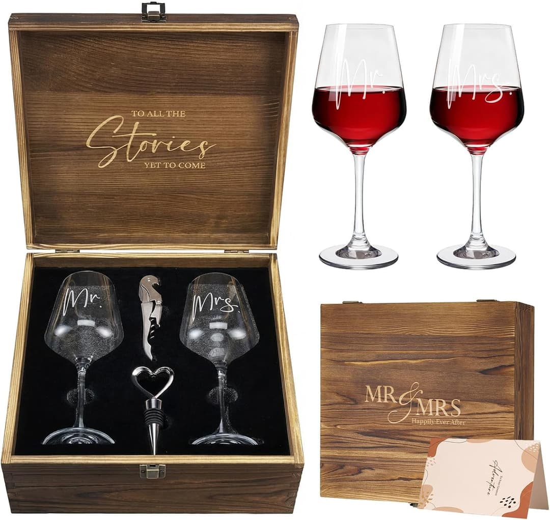 Mr & Mrs Wine Glass Set with Wooden Keepsake Box and Accessories