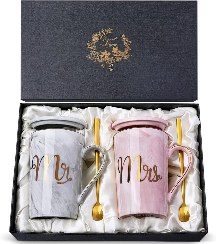 Mr & Mrs Ceramic Marble Mug Set with Gold Foil and Gift Box